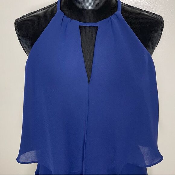 Saks Fifth Avenue Dress Halter High Low Sleeveless Chiffon Flowy Drapey Blue 6 - Picture 2 of 10